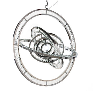 Celestial Orbit chandelier on white background, modern spiral ring chandelier for double height ceilings