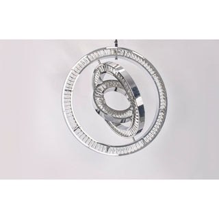 Celestial Orbit chandelier front view on white background, triple ring modern LED statement chandelier