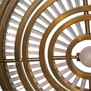 Side detail of Celestial Orbit chandelier rails, brushed brass modern ring chandelier close up