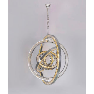 Canopy and downrod detail of Celestial Orbit chandelier, adjustable hanging hardware in brass finish
