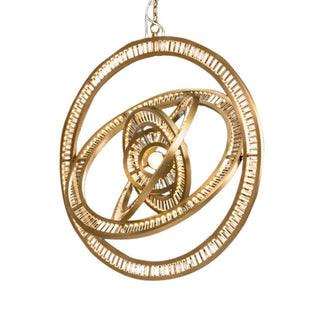 Three quarter view of Celestial Orbit chandelier, sculptural multi ring modern chandelier on white background