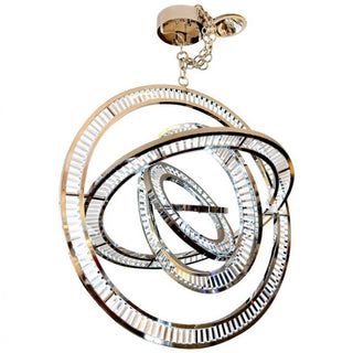 Celestial Orbit chandelier front view on white background, chrome multi ring modern LED ceiling chandelier