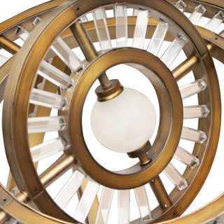 Inner ring detail of Celestial Orbit chandelier, luxury brass circular chandelier texture close up