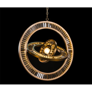 Front view of Celestial Orbit orb chandelier on black background, sculptural brass sphere chandelier for modern interiors