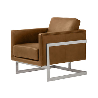 angle view of brown leather lounge chair in cognac with stainless steel frame