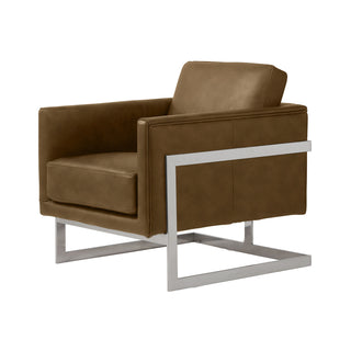 angle view of modern accent chair in local brown leather with stainless steel frame