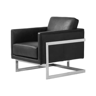 angled view of modern accent chair in new black leather with stainless steel frame