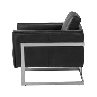 side view of modern accent chair in new black leather with stainless steel frame