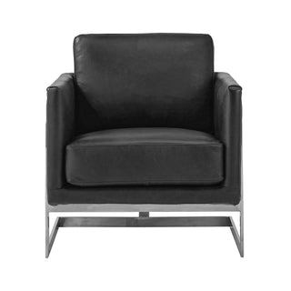 front view of modern accent chair in new black leather with stainless steel frame