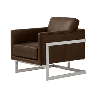 angle view of brown leather lounge chair in rw brown with stainless steel frame
