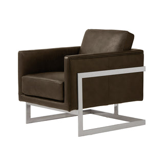 angle view of whiskey leather accent armchair with stainless steel base