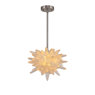 modern LED pendant light with round natural selenite globe and metal frame