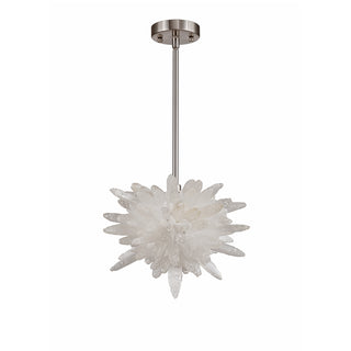 modern LED pendant light with round natural selenite globe and metal frame