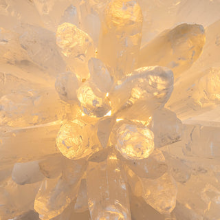 close-up of natural selenite crystal globe showing marbling and soft glow