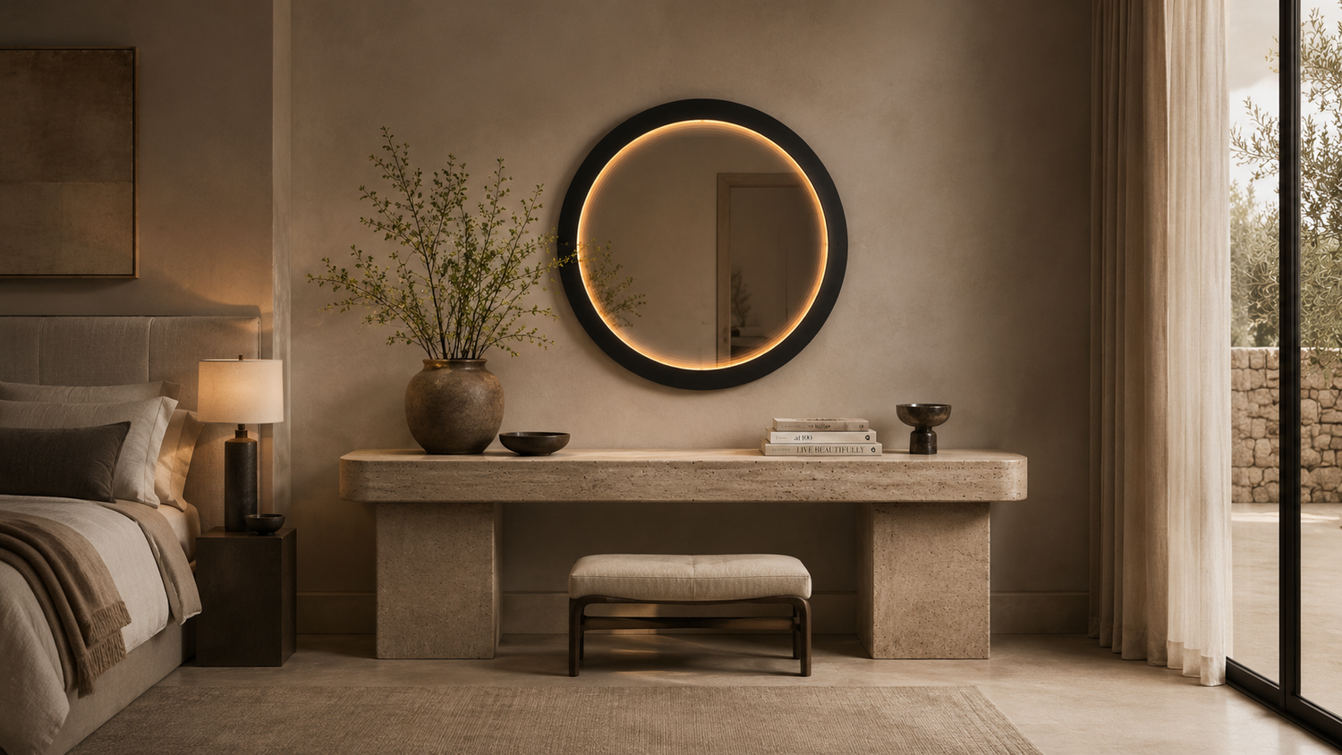 Eclipse round black-framed LED wall mirror illuminated above a console in a warm modern interior