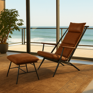Moorizon Fisherman lounge chair with ottoman in light brown, upholstered modern reading set