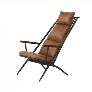 angle view of cognac leather lounge chair with metal frame and wood armrests