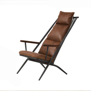 angled view of light brown leather lounge chair with metal frame and wood armrests