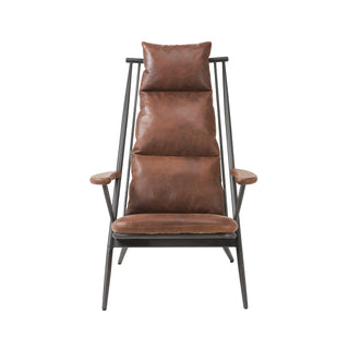 front view of light brown leather lounge chair with metal frame and wood armrests 