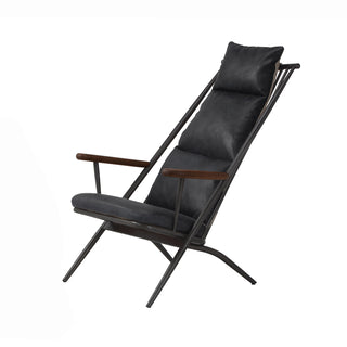 angled view of new black leather lounge chair with metal frame and wood armrests
