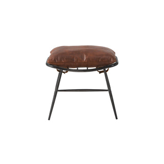 front view of light brown leather footstool with vintage metal legs