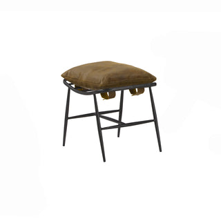 angled view of local brown leather footstool with metal frame legs