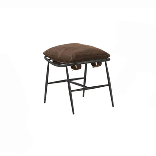 angled view of rw brown leather footstool with metal frame legs