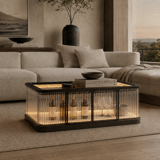Gatsby Glass Rod LED Bar Coffee Table Cabinet with concealed bottle storage and warm integrated lighting.