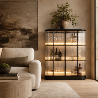Gatsby Rectangular LED Bar Cabinet with illuminated individual glass rods, open shelving, bottles, and glassware.