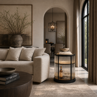 Gatsby Round LED Bar Console Cabinet with individual glass rods, warm interior lighting, and stored glassware.