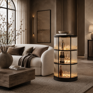 Gatsby Round LED Bar Tower Cabinet with illuminated glass rods styled beside a curved sofa in a luxury living room.