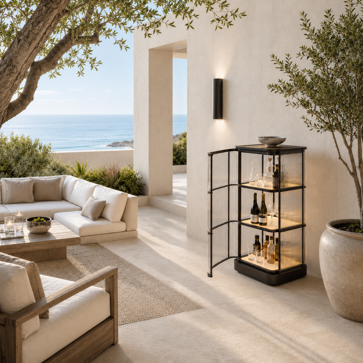 A modern three-tier bar cart with a black metal frame and clear glass rods, illuminated from within, set in a luxurious outdoor patio environment with a view of the ocean.