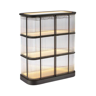 angle view of rectangular illuminated LED bar cabinet with metal frame and glass shelves