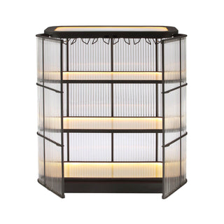 front view of rectangular LED bar cabinet with metal frame and glass shelves