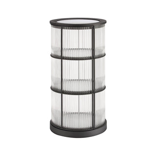 front view of round LED bar cabinet with glass door and metal framing