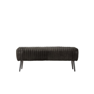 front view of 48-inch black leather vertical channel stitched lines bench with slim metal legs