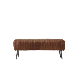 front view of 48-inch light brown leather vertical channel stitched lines bench with slim metal legs