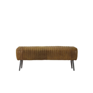 front view of 48-inch brown leather vertical channel stitched lines bench with slim metal legs