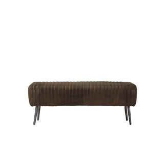 front view of 48-inch brown leather vertical channel stitched lines bench with slim metal legs