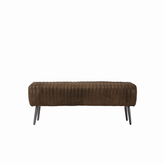 front view of 48-inch whiskey brown leather vertical channel stitched lines bench with slim metal legs