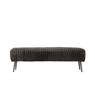 front view of 60-inch black leather vertical channel stitched lines bench with slim metal legs