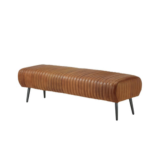 angled view of 60-inch cognac bench with slim metal legs