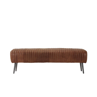 front view of 60-inch brown leather vertical channel stitched lines bench with slim metal legs