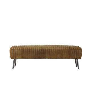 front view of 60-inch brown leather vertical channel stitched lines bench with slim metal legs