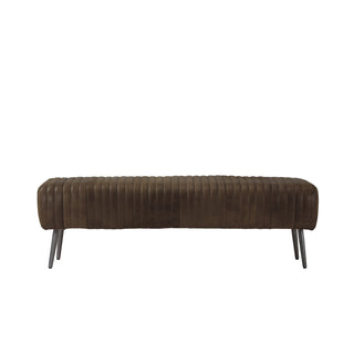front view of 60-inch brown leather vertical channel stitched lines bench with slim metal legs