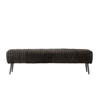 front view of 72-inch black leather vertical channel stitched lines bench with slim metal legs