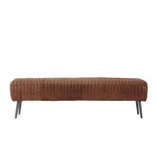 front view of 72-inch light brown leather vertical channel stitched lines bench with slim metal legs