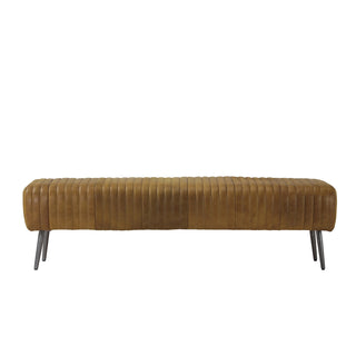 front view of 72-inch brown leather vertical channel stitched lines bench with slim metal legs