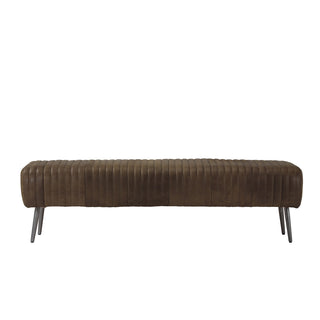 front view of 72-inch brown leather vertical channel stitched lines bench with slim metal legs