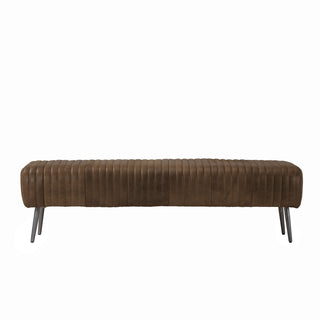 front view of 72-inch whiskey brown leather vertical channel stitched lines bench with slim metal legs